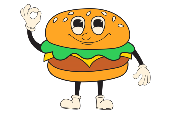 Happy Burger with Ok Hand Gesture. Funny Graphics for Digital Sellers
